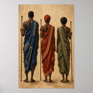 Drie figuren in blauw, roest en olijfgroen poster