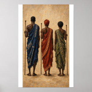 Drie figuren in blauw, roest en olijfgroen poster