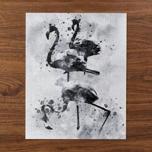 Drie Flamingo's Zwart en Wit Aquarel Legpuzzel