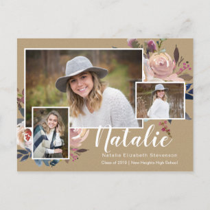 Drie foto Floral gepersonaliseerde afstudeerfeest Uitnodiging Briefkaart