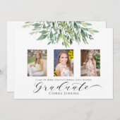 Drie Foto Greenery Graduy Party Uitnodiging (Voorkant / Achterkant)