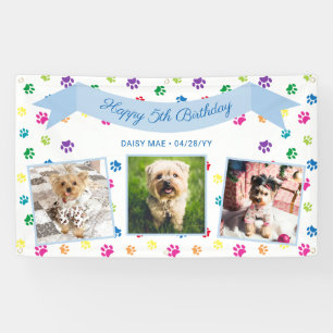 Drie foto Kleurrijke Paw Prints Blauw Pet Verjaard Spandoek