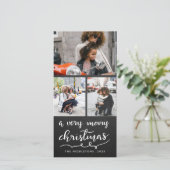 Drie foto Merry Christmas Script schoolbord Feestdagenkaart (Staand voorkant)
