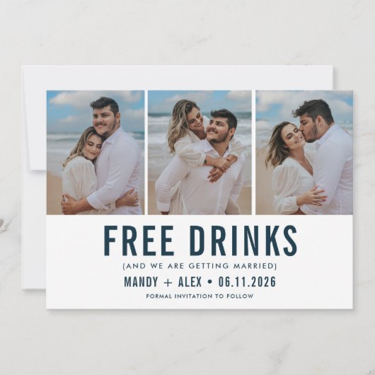 Drie Foto Strand Bruiloft Grappig Save the Date (Voorkant)