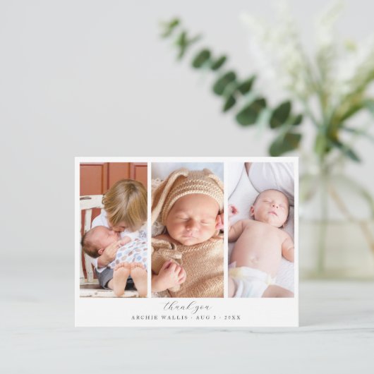 Drie foto's collage Elegante script baby shower Briefkaart (Staand voorkant)