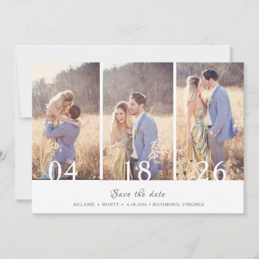 Drie foto's Collage Weddenschap Save the Date Aankondiging (Voorkant)
