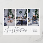 Drie foto's, Elegant Merry Kerstscript Silver Folie Feestdagenkaart (Voorkant)