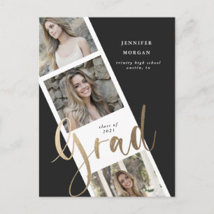 drie foto's met gouden afstuderen - aankondiging briefkaart