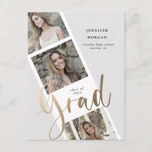 drie foto's met gouden afstuderen - aankondiging briefkaart