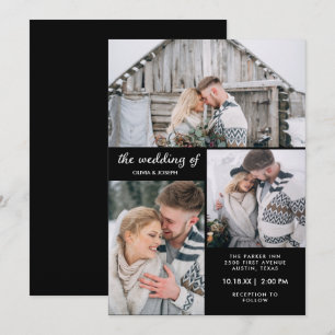 Drie Foto's op Modern Black Weddenschap Kaart
