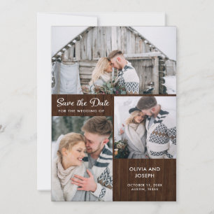 Drie foto's op Rustic Wood Kijk   Weddenschap Save The Date