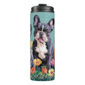 Drie Franse Bulldogs in een tuin Thermosbeker (Voorkant)