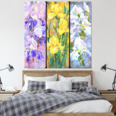 Drie gekleurde irissen bloemen canvas schilderij afdruk (Insitu (Slaapkamer))