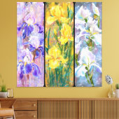 Drie gekleurde irissen bloemen canvas schilderij afdruk (Insitu (Woonkamer))