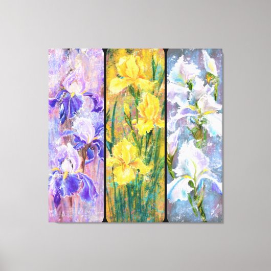 Drie gekleurde irissen bloemen canvas schilderij afdruk (Voorkant)