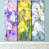 Drie gekleurde irissen bloemen canvas schilderij afdruk (Insitu (Houten vloer))
