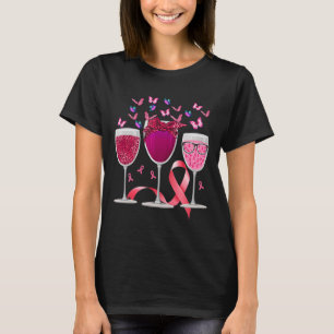 Drie glazen wijn borstkanker bewustzijn roze ribbe t-shirt