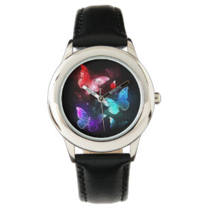 Drie gloeiende vlinders op een nachtachtergrond horloge