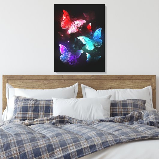 Drie gloeiende vlinders op nachtrust canvas afdruk (Insitu (Slaapkamer))