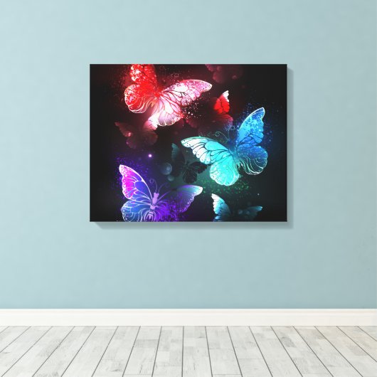 Drie gloeiende vlinders op nachtrustachtergrond canvas afdruk (Insitu (Houten vloer))