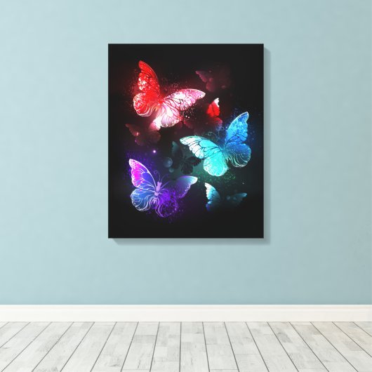 Drie gloeiende vlinders op nachtrustrondergrond canvas afdruk (Insitu (Houten vloer))