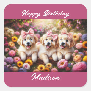 Drie Golden Retriever Puppies met Flowers Vierkante Sticker