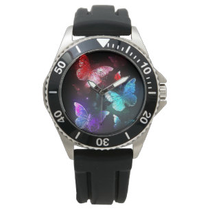 Drie golvende Butterflies op nachtachtergrond Horloge