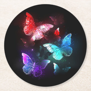 Drie golvende Butterflies op nachtachtergrond Ronde Kartonnen Onderzetter