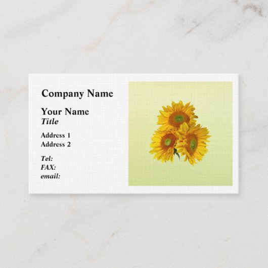 Drie gouden zonnebloemen visitekaartje (Voorkant)