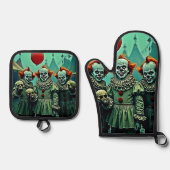Drie griezelige clowns schedel angst ontwerp ovenwant & pannenlap set (Voorkant)