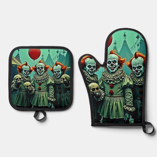 Drie griezelige clowns schedel angst ontwerp ovenwant & pannenlap set (Voorkant)