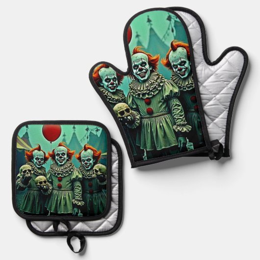 Drie griezelige clowns schedel angst ontwerp ovenwant & pannenlap set (Voorkant / Achterkant)