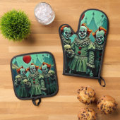 Drie griezelige clowns schedel angst ontwerp ovenwant & pannenlap set (Top down)