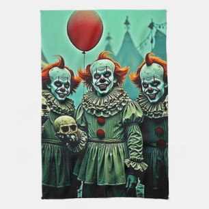 Drie griezelige clowns schedel angst ontwerp theedoek