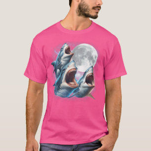 Drie haaien Maan Grappige haai Howling Wolfs Maan T-shirt