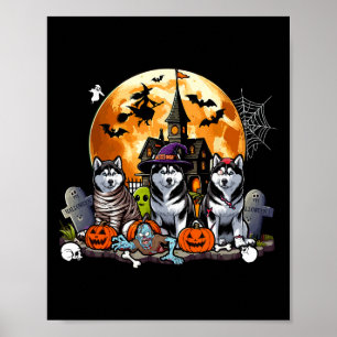 Drie Halloween Huskies als Horror Witch Mummy Zomb Poster