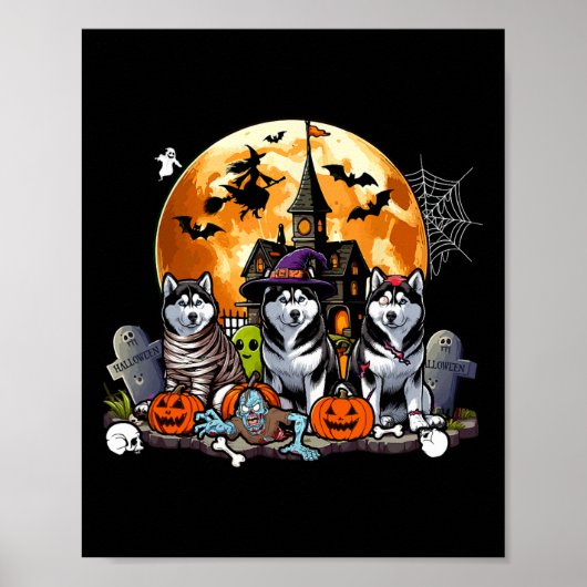 Drie Halloween Huskies als Horror Witch Mummy Zomb Poster (Voorkant)