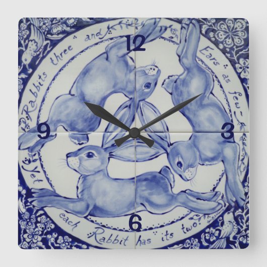Drie Hazen Rabbit Blue en White Medallion Bird Vierkante Klok (Voorkant)