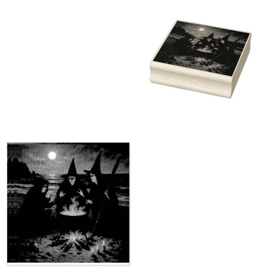 Drie heksen brouwen ketel Volle maan strand Rubberstempel (Gestempeld)