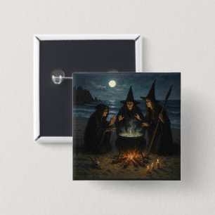 Drie heksen brouwen ketel Volle maan strand Vierkante Button 5,1 Cm
