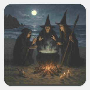 Drie heksen brouwen ketel Volle maan strand Vierkante Sticker