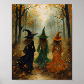 Drie heksen herfstbos Halloweenmuur Poster (Voorkant)