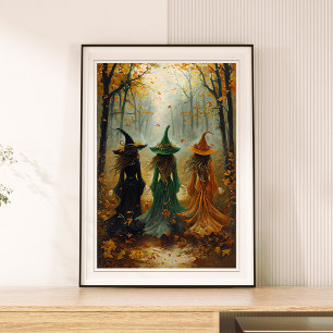 Drie heksen herfstbos  Halloweenmuur Poster