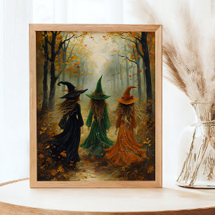 Drie heksen herfstbos Halloweenmuur Poster