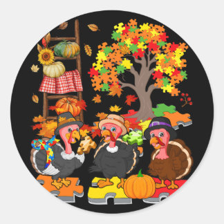 Drie Herfst Turkije met Autisme Bewustzijn Puzzel  Ronde Sticker
