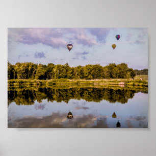 Drie heteluchtballonnen die over een landschap zwe poster