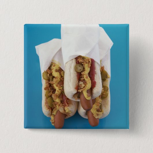 Drie hotdogs in bundels vierkante button 5,1 cm (Voorkant)