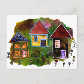 Drie Huis Collage met Bloemen Briefkaart