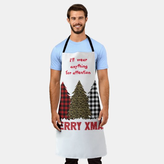 Drie humoristische geruite kerstbomen schort (Gedragen)