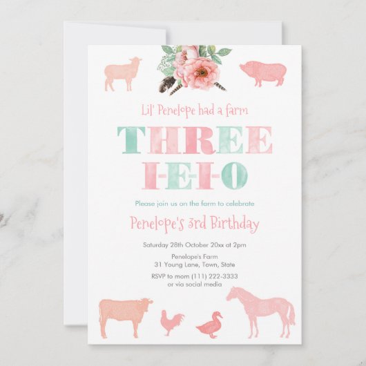 DRIE-IEIO, Oude MacDonald Meisje 3e Verjaardagsfee Kaart (Voorkant)